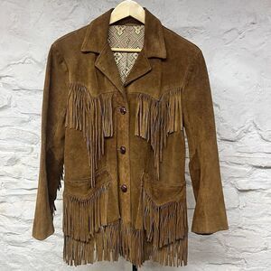 Vintage 60s 70s Brown Suede Leather Jacket Fringe Biker Western Coat Hippie Boho